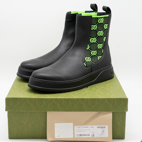 size 13G 13.5 us Gucci Chelsea GG Black Leather Pull On Boots Green - Picture 12 of 13